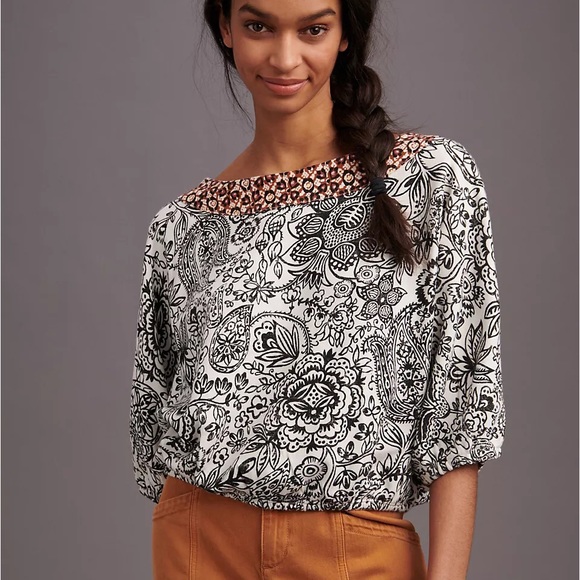 By Anthropologie French Terry Floral Batik Dolman Bubble Blouse Top - Picture 5 of 16